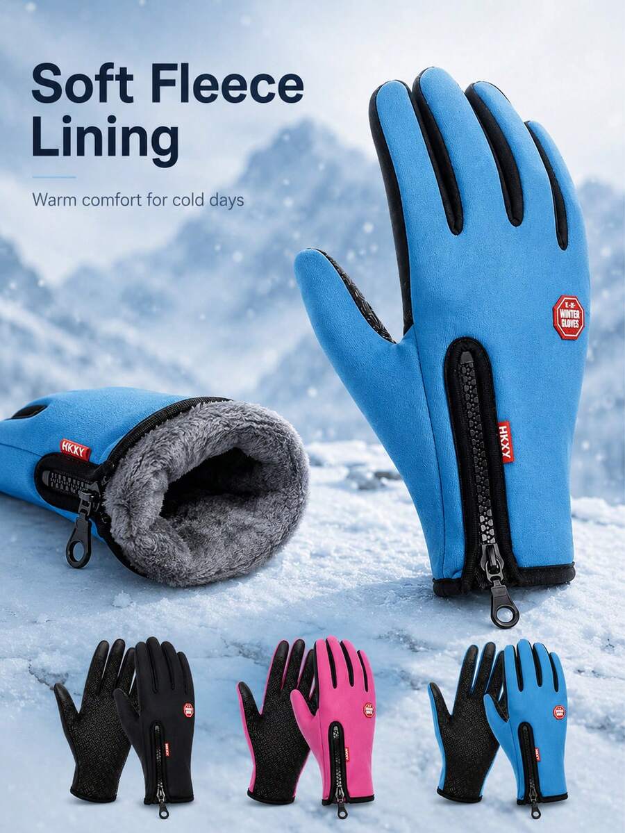 Simple And Casual Full-Finger Fleece-Lined Winter Gloves, Featuring Side Zipper And Decorative Tag Details. Touchscreen Compatible, Windproof And Warm, Suitable For Outdoor Sports And Daily Commuting. Winter Gloves, Cycling Gloves. - Multicolor - View 1