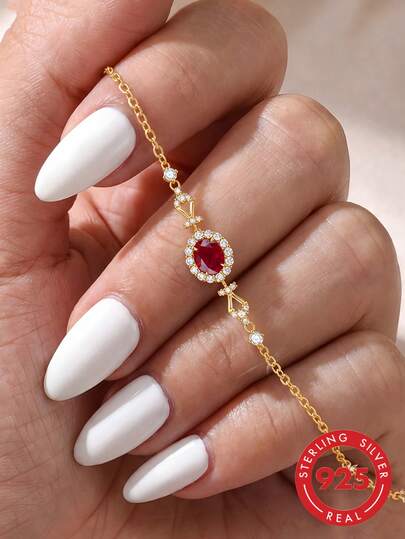 1pc S925 Sterling Silver Delicate Luxury Geometric Oval Pendant Thin Chain Bracelet For Women, Niche Hollow Design, Fashionable Elegant Elegant High-End Versatile Accessory For Party And Gathering