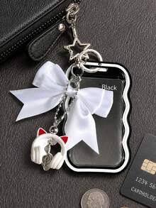 Bow Shaped Cat Ear Headphones With Transparent Wave Edge Card Bag, Star Buckle And Bead Chain, Card Cover, Id Cover, Bag Pendant, Christmas, Halloween,Travel Essential - Multicolor - View 9