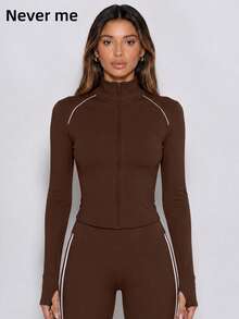 Never me Women's Slim Fit Waist-Cinched Thumbhole Long Sleeve Jacket, Stand Collar Full Zip Yoga Running Training Cardigan - Brown - View 7