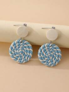 1 Pair Women's Bohemian Style Soft Clay Woven Round Pendant Earrings, Natural Wood Patchwork Contrast Color Earrings, Vintage Vacation Style Niche Earrings, Daily Wear Beach Party Date Accessories - Multicolor - View 5