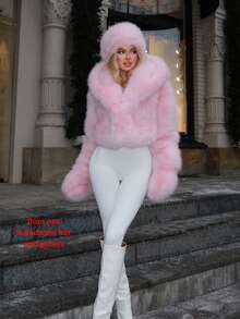 Oversized Hooded Faux Fox Fur Coat For Women, Pink Fluffy Open Front Jacket, Winter Warm Thick Fuzzy Outwear - Pink - View 5