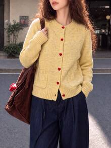 Women's Knitted Long Sleeve Cardigan, Heart-Shaped Button Design, Short Round Neck Winter Sweater, Suitable For Autumn Wear - Yellow - View 1