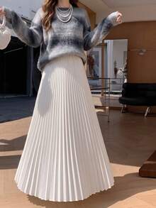 Elegant Women's Long Pleated Skirt, Non-Stretch Woven Fabric Flowy Skirt, Suitable For Autumn Wear - Apricot - View 6