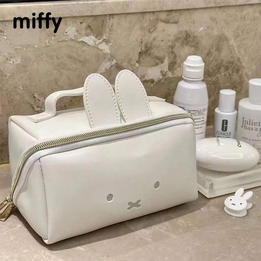 1pc Cute Miffy Themed Makeup Bag, Large Capacity Travel Makeup Storage Bag With Divider, Portable Zipper Toiletries Storage Bag, PU Leather Toiletries Bag For Daily Travel Use, Multi Compartment Cosmetic Accessory Storage Box - Multicolor - View 1