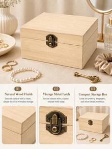 1pc 15x10x6cm Vintage Brass Color Clasp Natural Wooden Storage Box, Rustic Rectangular Desktop Organizer Souvenir Box, Suitable For Bedroom Vanity Desk, Gift Giving - Multicolor - View 3