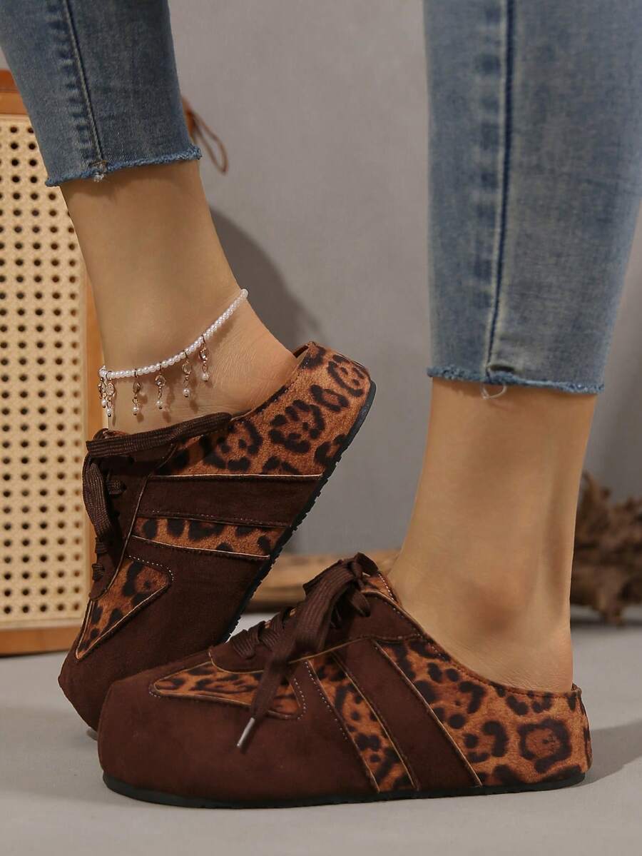 New Women's Comfortable Versatile Closed-Toe Half-Back Lace-Up Fashion Platform Thick Sole Suede Slip-On Hidden Height Casual Shoes Suitable For Daily Wear - Leopard Brown - View 1