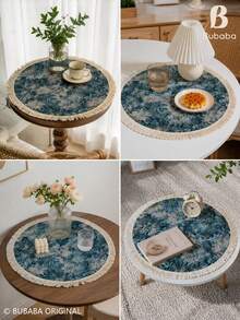 Vintage Blue Floral Round Tablecloth With Fringe, Woven Polyester Cotton Table Cover For Dining Table, Coffee Table, Side Table & Home Decor - Blue - View 5