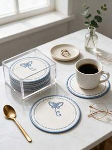 4pcs Blue Round Butterfly Polyester Embroidered Drink Coasters, Washable Table Decor, Non-Slip Table Mat, Waterproof And Oil-Resistant, Suitable For Restaurant, Cafe, Homestay, Afternoon Tea, Holiday, Party, Gathering, Birthday, Wedding, Dinner - Multicolor - View 1
