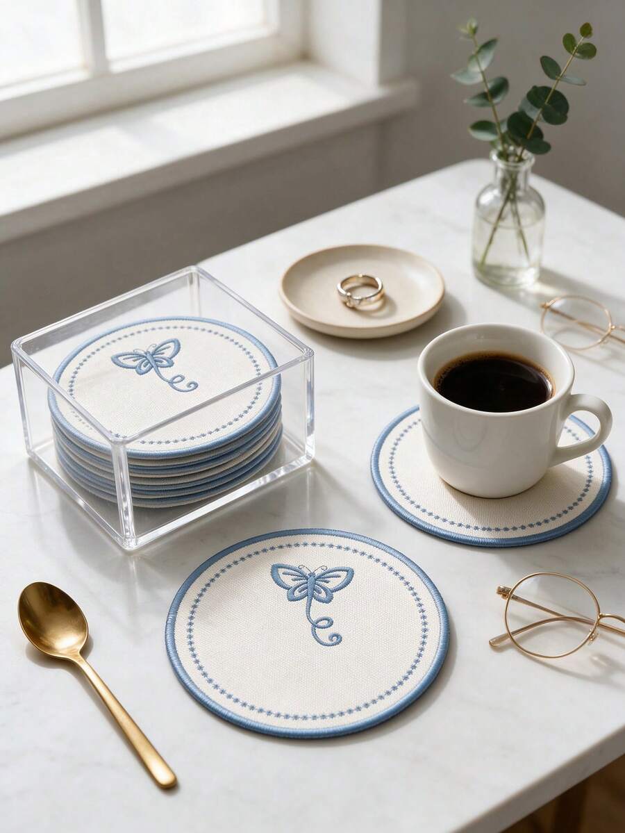 4pcs Blue Round Butterfly Polyester Embroidered Drink Coasters, Washable Table Decor, Non-Slip Table Mat, Waterproof And Oil-Resistant, Suitable For Restaurant, Cafe, Homestay, Afternoon Tea, Holiday, Party, Gathering, Birthday, Wedding, Dinner - Multicolor - View 1