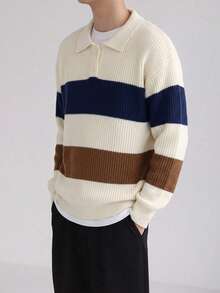 1pc Boys Teenager Striped Colorblock Half-Zip Sweater, Suitable For Commuting And School, Autumn/Winter - Apricot - View 3