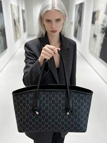女款復古 M-Monogram 大容量托特包 肩背手提包 蝴蝶結裝飾 通勤日常購物包 - 黑色 - 查看 4