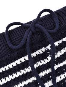 YuwenierPOP Bohemian Style Casual Deep Blue & White Striped Hollow Knit 2-Piece Set, Round Neck Long Sleeve Loose Top With Drawstring Elastic Shorts, Vacation Autumn Campus Style - Navy Blue - View 8
