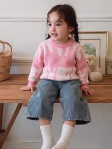 1pc Cute Casual Long Sleeve Color Block Pattern Pullover Sweater For Baby Girls, Spring/Autumn - Pink - View 1
