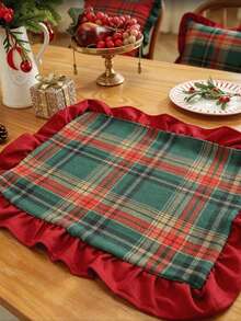 1/2/4pcs Vintage British Plaid Square Ruffled Napkins Placemats, Christmas Holiday Table Decor - Green - View 5