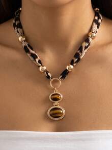 1pc Minimalist Vintage Brown Rope With Double Layer Oval Brown Acrylic Pendant Necklace For Women, Suitable For Daily, Party, Vacation, Holiday Gift And Birthday Gift - Leopard - View 1