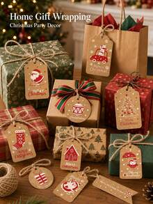 80pcs Christmas Gift Tags Cute Rustic Holiday Hanging Labels Santa Gingerbread Designs Gift Wrapping Decorations Party Favors Presents Packaging Accessories - Multicolor - View 6