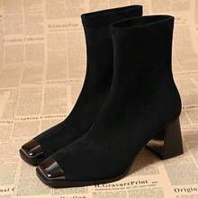 French Style Steel Toe Thick Heel Ankle Boots For Women, 2026 Autumn/Winter New Sexy Square Toe Slim Fit Elastic Ankle Boots - Black - View 3