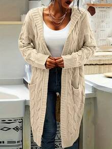 Cream White Mid-Length Knitted Cardigan Sweater For Women, Solid Color With Pockets - Off-white - View 3