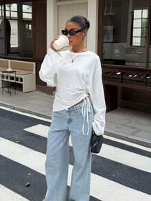 Women's Pure Cotton Long Sleeve T-Shirt, Round Neck, Side Drawstring Ruched Asymmetrical Hem, Cropped Y2K Casual Top - Off White - View 7
