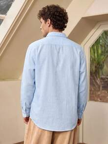 Whitmere Men's Casual Loose Breathable Linen Long Sleeve Shirt, Versatile Vacation Lapel Collar Shirt - Blue - View 2