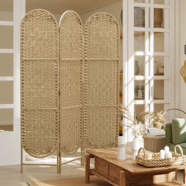 HOMCOM Paravento da Interni Pieghevole a 3 Pannelli, 120x170 cm Separé Divisorio per Ambienti Autoportante in Stile Bohemien in Carta e Legno di Pino per Casa, Soggiorno, Color Legno