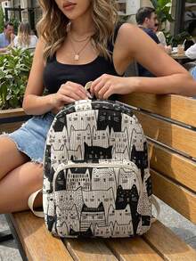 1 Piece Backpack, Women's Mini Backpack, Corduroy Girl's School Bag, Travel Storage Bag, Kitten‑Printed Design, Large‑Capacity Foldable Easy‑To‑Store Bag, Lightweight And Pressure‑Relieving, Multi‑Pocket Layered Design With Zipper Closure - Cartoon Kitten - View 7