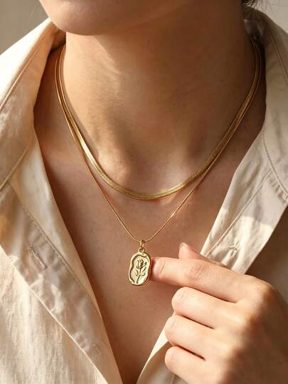 1 pieza Collar con colgante de rosa de doble capa apilada, chapado en oro de 18K de acero inoxidable dorado, elegante moda de lujo para mujeres, adecuado para decoración diaria