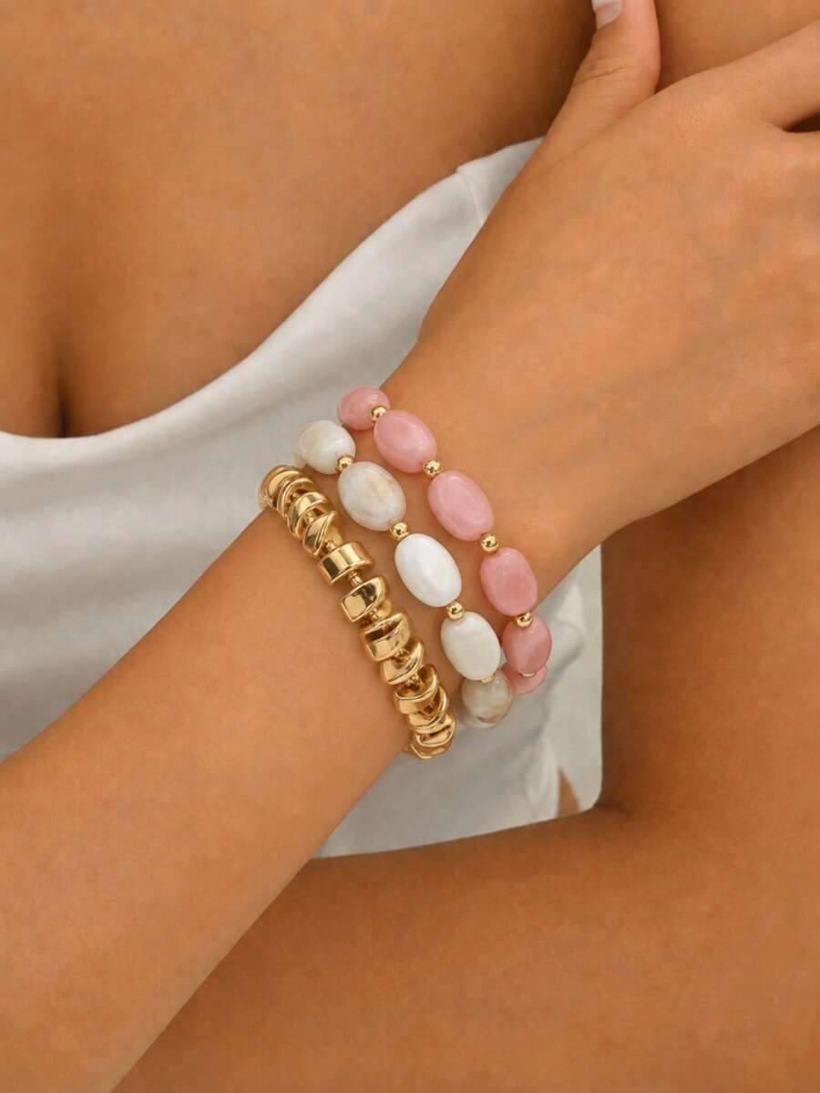 Juego de 3 pulseras gruesas de cuentas para mujer, cuentas texturizadas rosa y blanco con cuentas doradas asimétricas, joyería de mano personalizada de varias capas y estilo moderno, adecuada para uso diario, fiestas, vacaciones y regalos - Rosa - Ver 1
