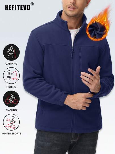 KEFITEVD Men's Full Zip Fleece Jacket, Warm Soft Winter Outerwear, Stand Collar, Zipper Pockets, Adjustable Waist Drawstring, Suitable For Hiking And Camping