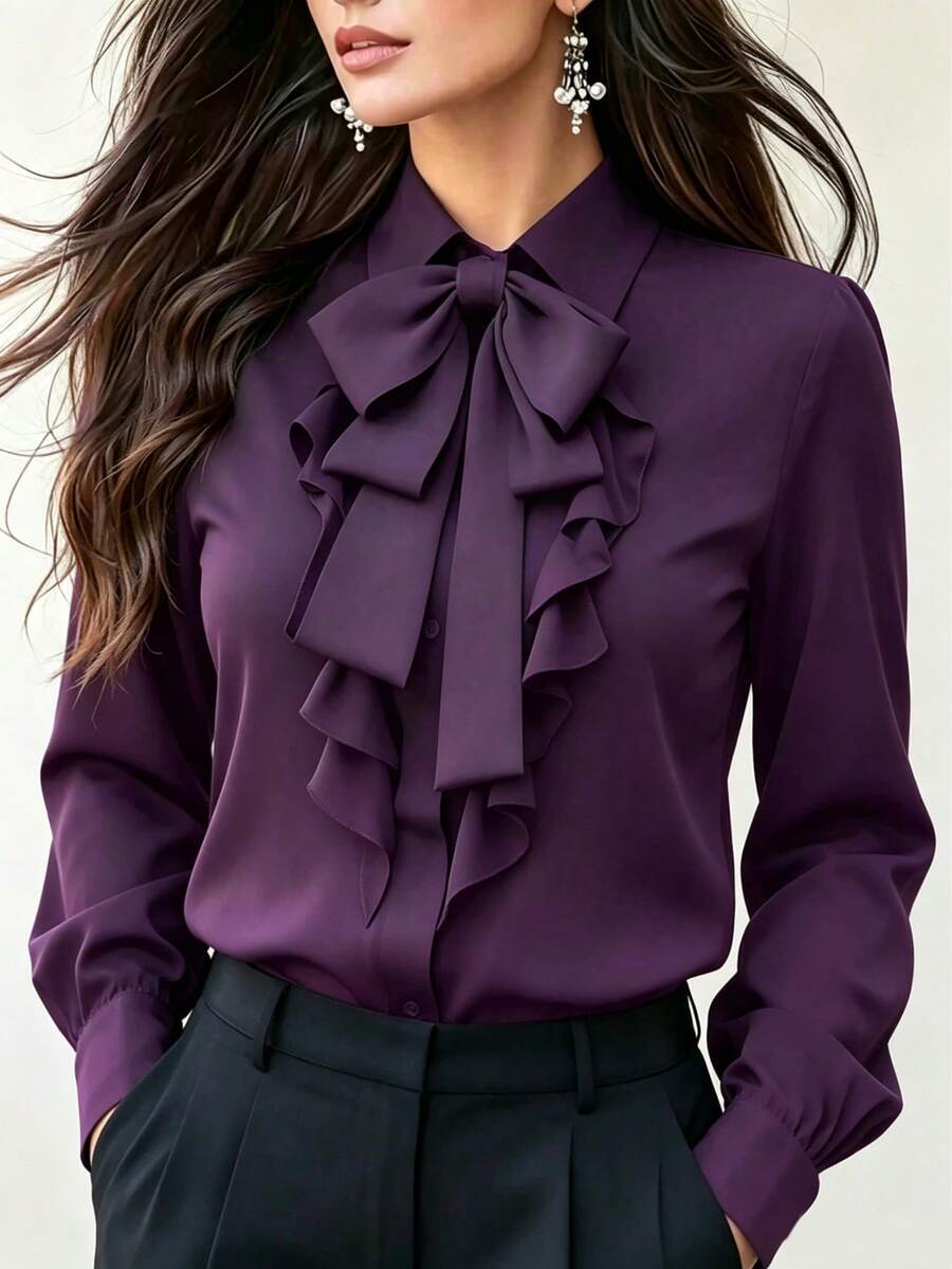 Plus Size Purple Bowtie Shirt With Bow And Ruffle Trim, Long Sleeve Regular Fit - Purple - View 1