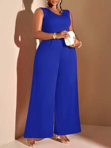 Plus Size Sleeveless V-Neck Jumpsuit, Royal Blue Knit Fabric High Elasticity, Open Back Bow Detail, Wide Leg Design, Fashionable And Comfortable - Bright Blue - View 7