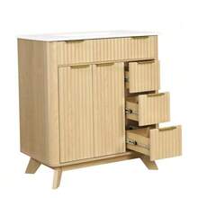 81 Cm Freestanding Bathroom Cabinet With Decorative Wave Design, Warm Natural Wood Tone, 3 Drawers And Double Doors With Shelf – Faucet Not Included - Natural Color - View 7