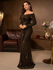 hezixi Elegant Women's Off-Shoulder Long Sleeve Sequin Mermaid Tail Formal Evening Gown - Coffee Brown - View 8