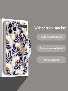 1pc White TPU Vintage Navy Blue Hand-Painted Floral Pattern Full Coverage Anti-Drop Phone Case And 1pc White Vintage Navy Blue Hand-Painted Floral Pattern Wrist Strap, Suitable For Versatile Phone Case/Lanyard Phone Case/Interesting Phone Case/Android Phone Case - Multicolor - View 1