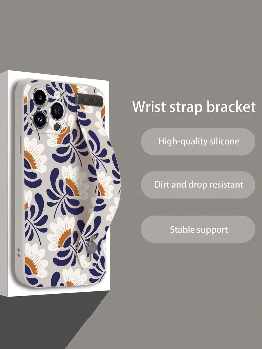 1pc White TPU Vintage Navy Blue Hand-Painted Floral Pattern Full Coverage Anti-Drop Phone Case And 1pc White Vintage Navy Blue Hand-Painted Floral Pattern Wrist Strap, Suitable For Versatile Phone Case/Lanyard Phone Case/Interesting Phone Case/Android Phone Case - Multicolor - View 1