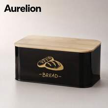 Aurelion Metal Bread Box For Kitchen Countertop, Bread Storage Bin With Natural Bamboo Lid, Vintage Black Gold Decorative Bread Container For Loaf Bread, Kitchen Counter Pantry Organizer - Black - View 2