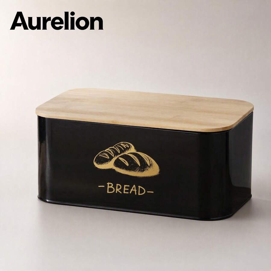 Aurelion Metal Bread Box For Kitchen Countertop, Bread Storage Bin With Natural Bamboo Lid, Vintage Black Gold Decorative Bread Container For Loaf Bread, Kitchen Counter Pantry Organizer