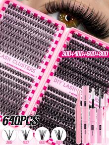 MEM 暢銷款 640片 (30D-40D-60D-80D) 嫁接睫毛套組，DIY 嫁接睫毛工具組，包含單根睫毛、D捲度睫毛、簇狀睫毛，以及睫毛膠水、固定液和睫毛刷 - 黑色 - 查看 3