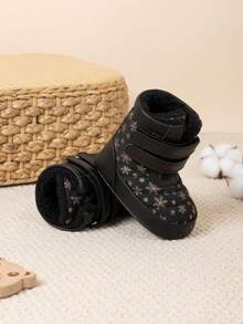 Fashionable Infant Fluffy Winter Snow Boots With Snowflake Pattern, Soft Sole, Thick Fleece Lining, Warm Ankle Boots - Black - View 8