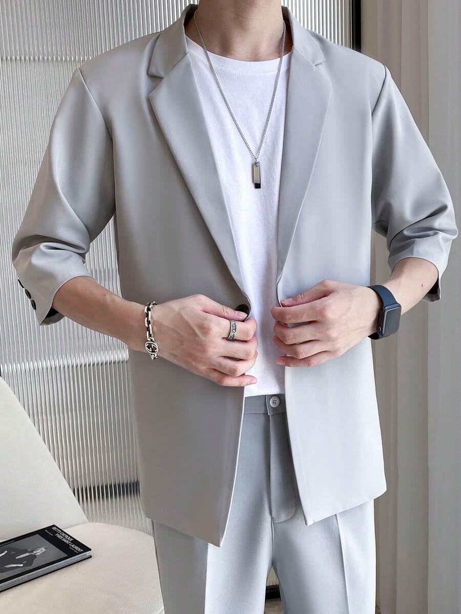 Men's 3/4 Sleeve Korean Style Casual Fashion Loose Fit Blazer Jacket - Light Grey - View 1