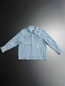 Men Denim Jacket Loose Plus Size Light Blue Ripped Distressed Long Sleeve Button Front Coat With Chest Pockets Casual Streetwear Outerwear - Baby Blue - View 9