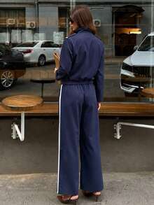Women's Casual Lapel Button Zipper Solid Color Jacket And Wide Leg Pants 2-Piece Set, Flight Academy Style, Sporty Casual Outfit - Navy Blue - View 2