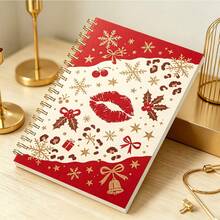 DANPERJI 1pc A5 Spiral Notebook, Xmas‑Themed Art Print Featuring Red Lip Mark, Cherry Decor Pattern Cover, Writing Journal, Glam Christmas Vibe, Home Office Use, Note Keeping, Creative Thought Log Book - CHUN - View 3