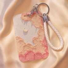 Macaron Color Cloud & Moon Oil Painting Card Holder, Aesthetic Pastoral Style ID Badge Holder With Woven Wrist Strap Lanyard Keychain, For Girls Students Campus Bus Card - Multicolor - View 11