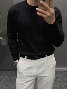 Men's Mercerized Ribbed Slim Fit Regular Shoulder Crew Neck Long Sleeve Sweater - Black - View 7