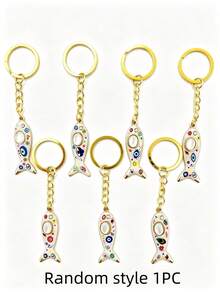 1/7pcs Vintage Evil Eye Fish-Shaped Keychain, Cute Personalized Colorful Painted Fish-Shaped Keychain Enamel Pendant Bag Charm, Niche Creative Accessory, Gift Small Ornament Car Key Chain, Friend Bestie Couple Keychain Key Ring - Multicolor - View 7