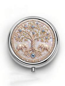 1pc Elephant & Blue Eye Tree Of Life Pattern Round Metal Pill Box, 3-Compartment Portable Storage Box, Pill Vitamin Small Accessory Organizer, Pocket Size, Home Outdoor Travel Carry, Durable, Compact Elegant Creative Gift - Multicolor - View 11