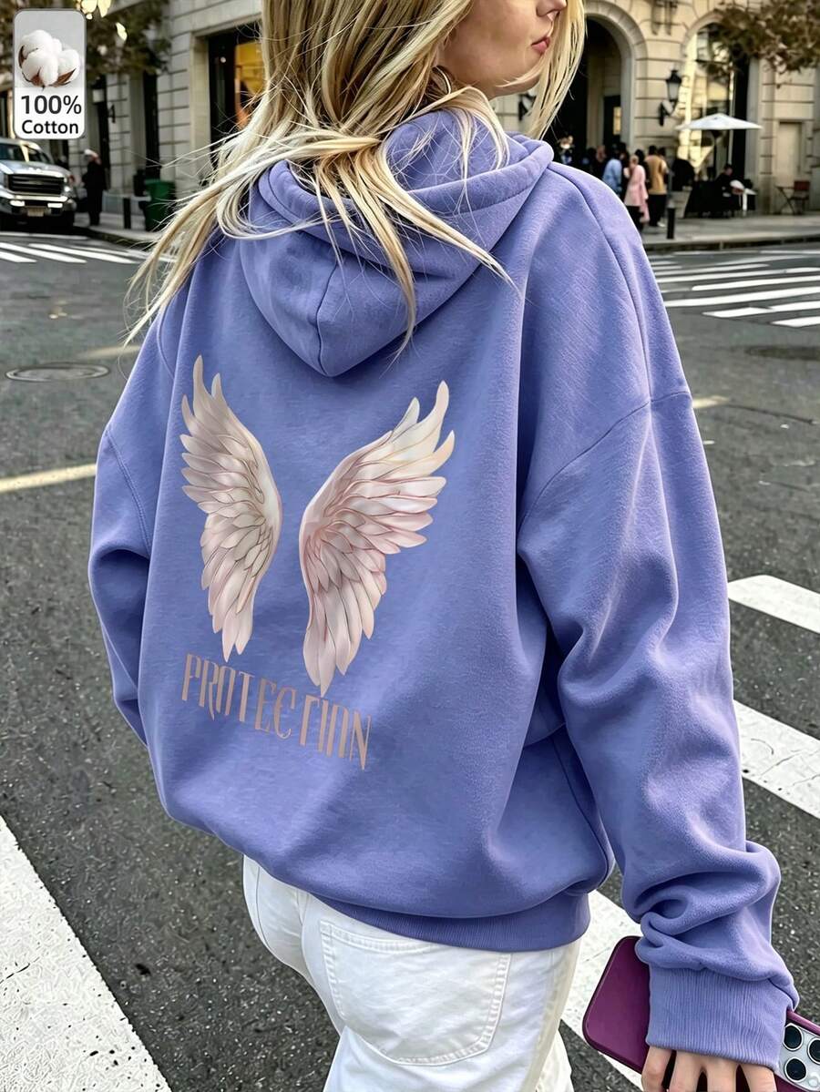 Oversized Women's Sweatshirt For Autumn/Winter, Long-Sleeve Hoodie With Pockets, Casual Top, Y2K Style, Daily Letter Graphic Print, Unisex, Streetwear - Purple Orchid - View 1