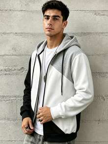 Men's Casual Zip-Up Hoodie With Contrast Color, Thermal Lining, Autumn/Winter, Long Sleeve Top - White - View 2
